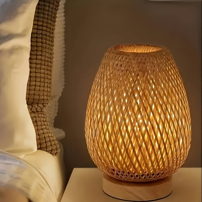 Ręcznie pleciona bambusowa lampa stołowa z funkcją ściemniania i podstawą z naturalnego drewna