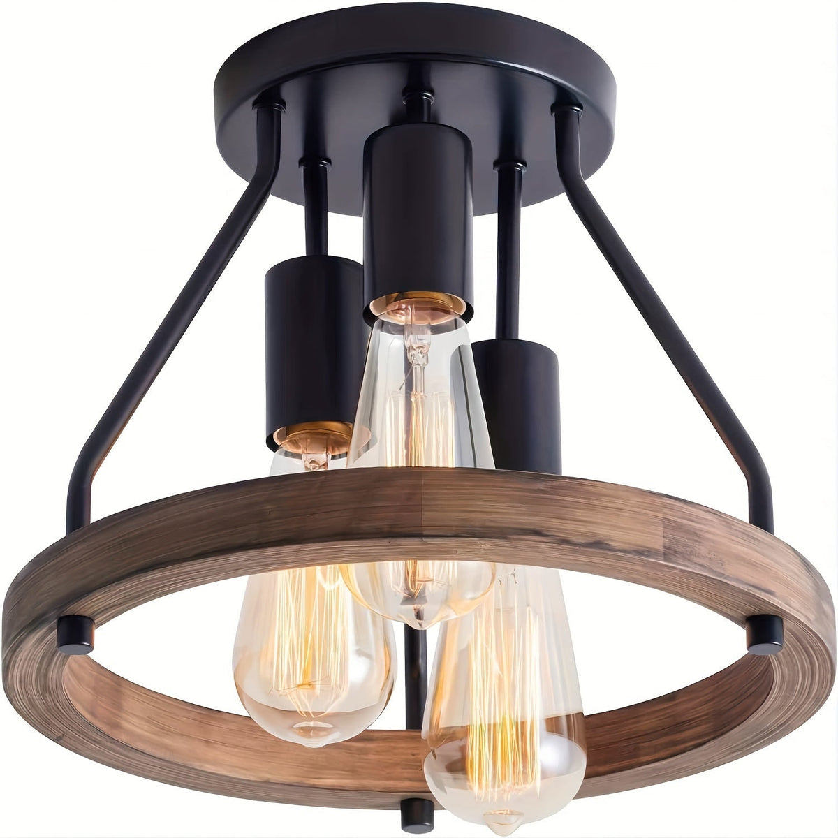 Rustykalna industrialna półprzylegająca lampa sufitowa z drewnianym pierścieniem