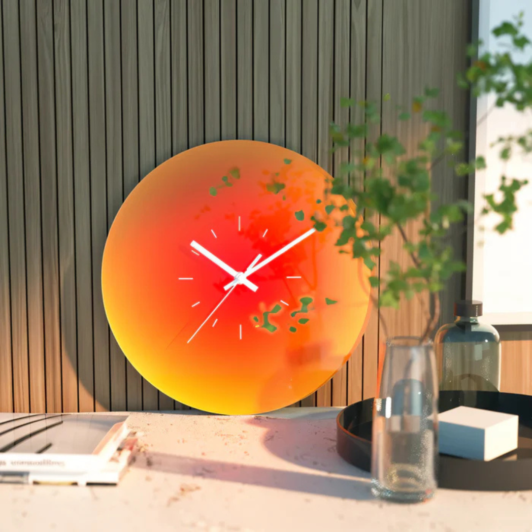 Okrągły szklany zegar ścienny Gradient Sunset z cichym mechanizmem kwarcowym