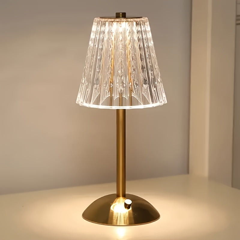 Fasetowana bezprzewodowa lampa stołowa z akumulatorem, sterowaniem dotykowym i funkcją ściemniania, ozdobiona kryształem