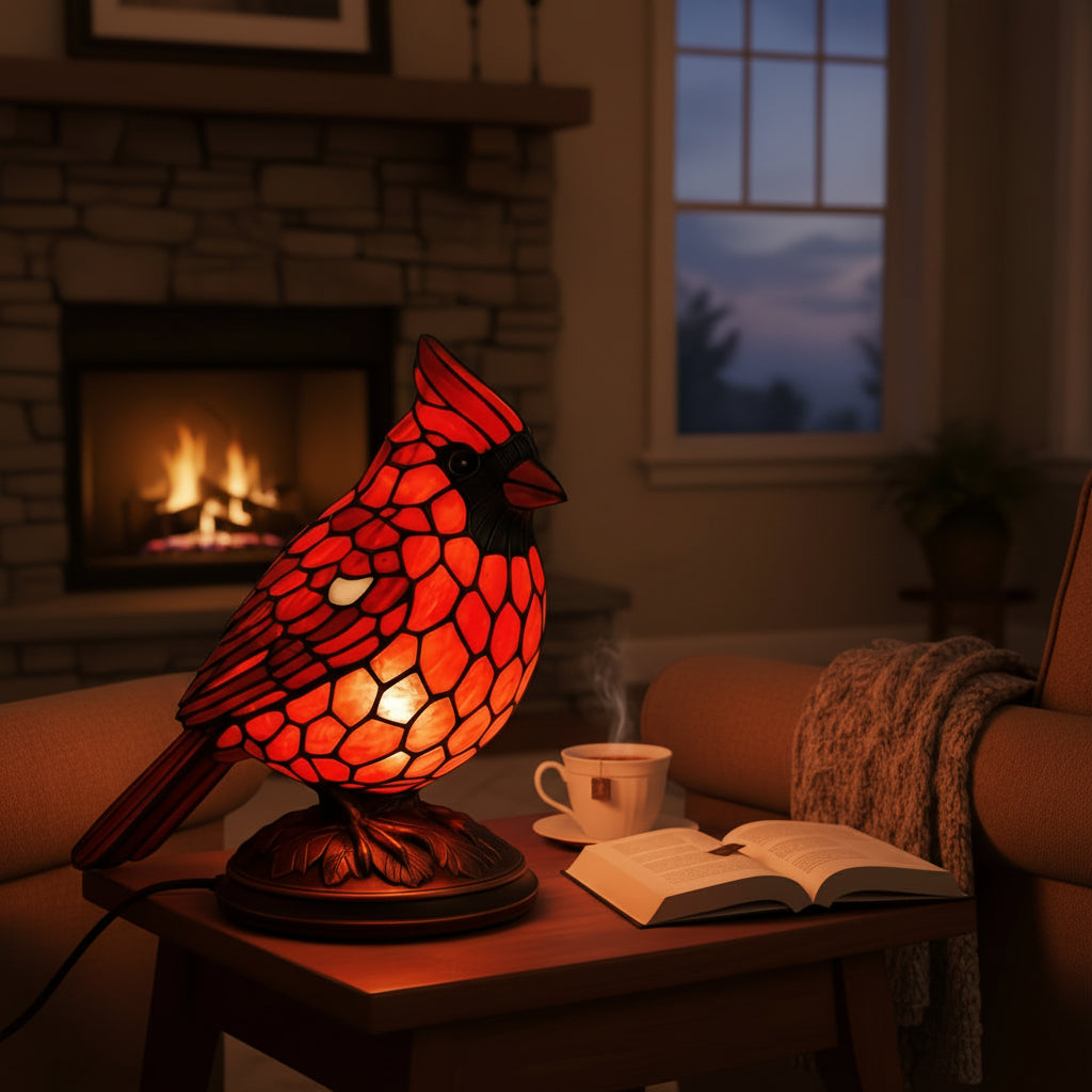 Lampa stołowa z artystycznego szkła z rzeźbą kardynała