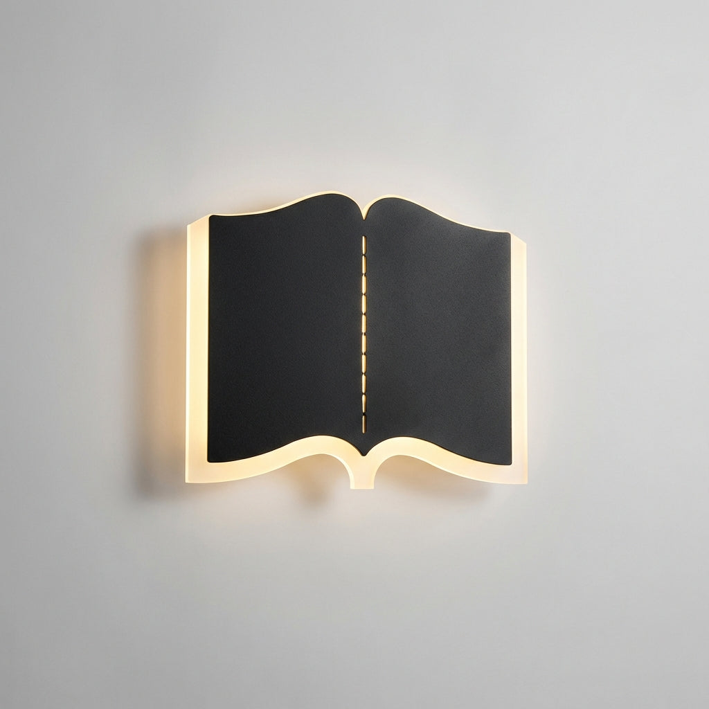 Rzeźbiarska żelazno-akrylowa lampa ścienna z sylwetką otwartej książki