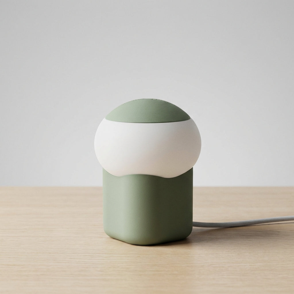 Minimalistyczna kompaktowa lampa stołowa z sylwetką grzyba i obciążoną podstawą