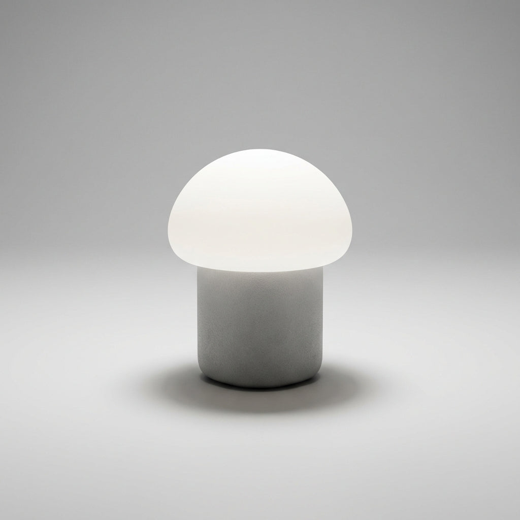 Minimalistyczna kompaktowa lampa stołowa z sylwetką grzyba i obciążoną podstawą
