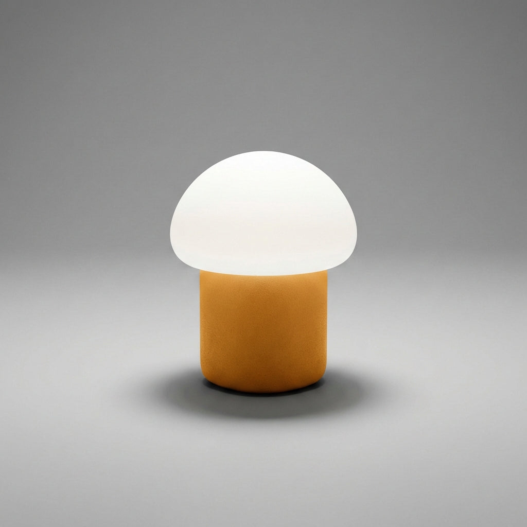 Minimalistyczna kompaktowa lampa stołowa z sylwetką grzyba i obciążoną podstawą