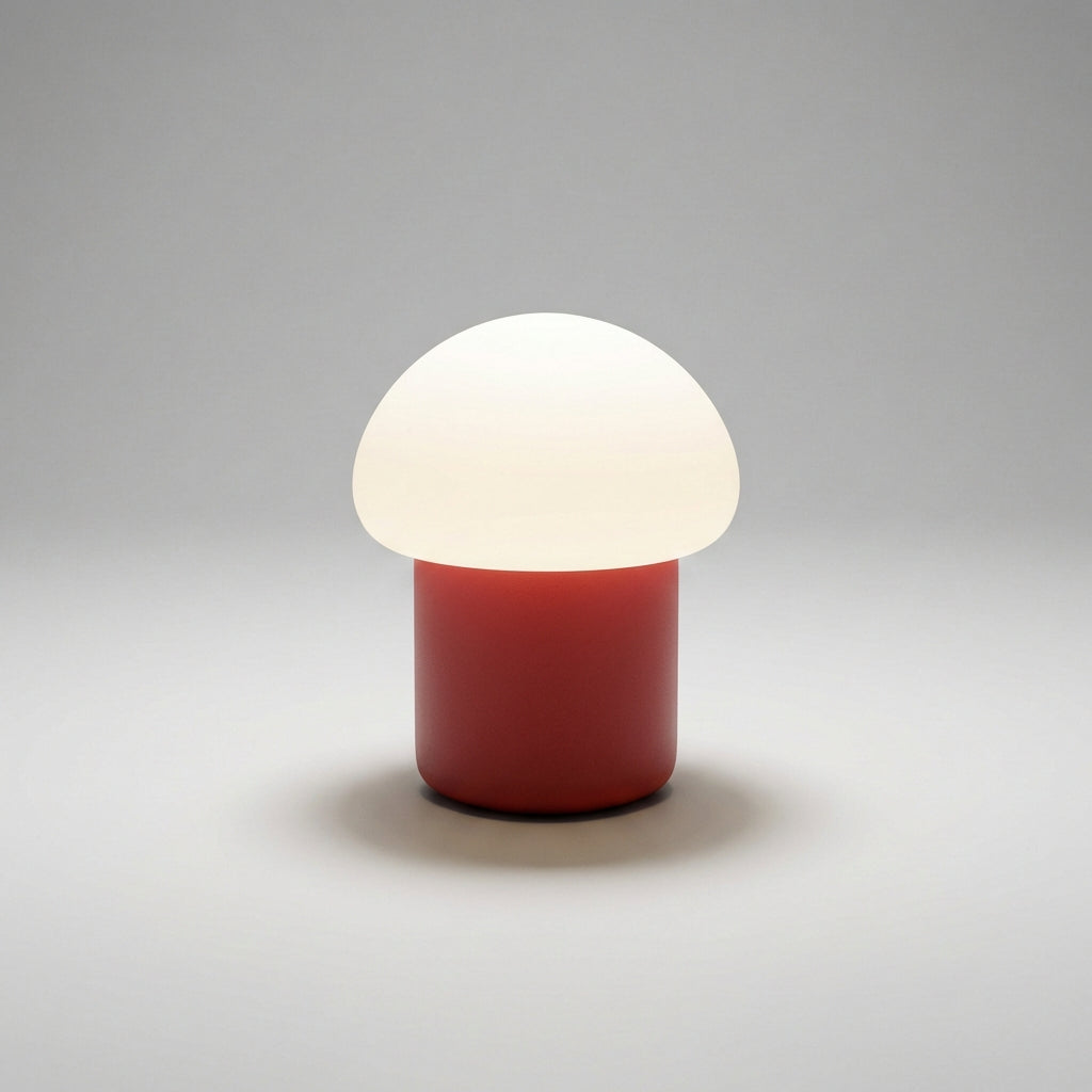 Minimalistyczna kompaktowa lampa stołowa z sylwetką grzyba i obciążoną podstawą