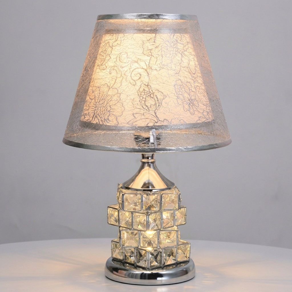 Warstwowa lampa stołowa z kryształowym akcentem, regulowanym światłem w dwóch strefach
