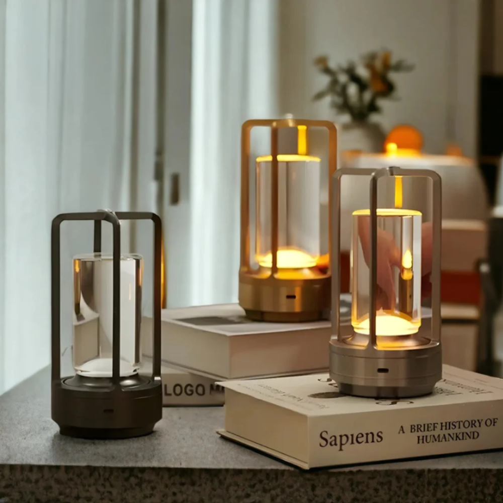Nowoczesna lampa stołowa z metalową cylindryczną ramą i dotykowym sterowaniem