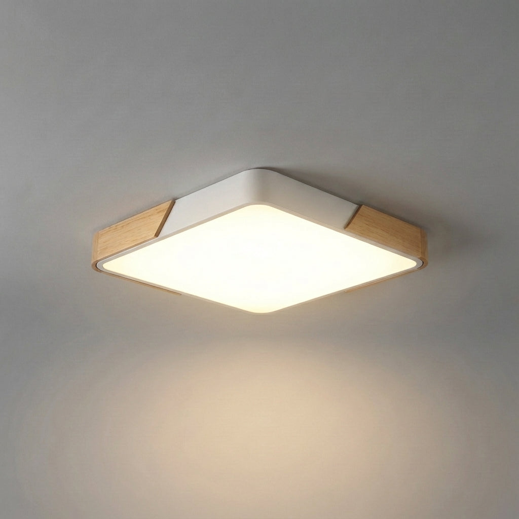 Minimalistyczna ściemnialna sufitowa lampa z akrylowym dyfuzorem oraz elementami z drewna i metalu