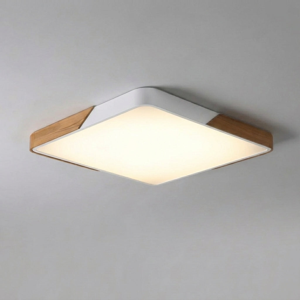 Minimalistyczna ściemnialna sufitowa lampa z akrylowym dyfuzorem oraz elementami z drewna i metalu