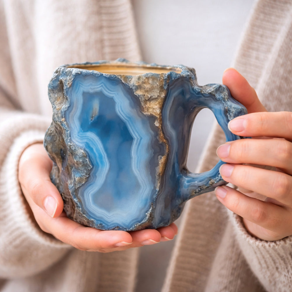 Ceramiczny kubek do kawy z fakturą kamienia agatu i geody