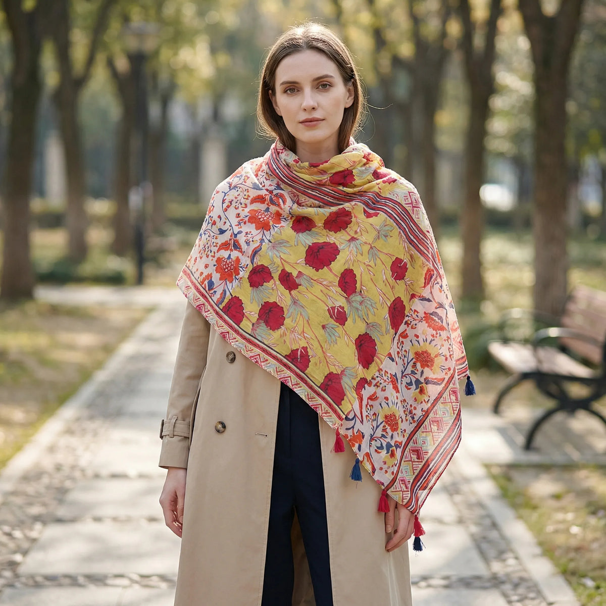 Lekka damska chusta z kwiatowym nadrukiem w stylu boho i frędzlami