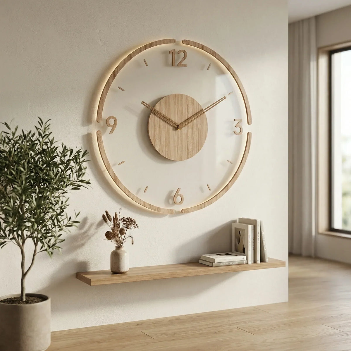 Minimalistyczny skandynawski okrągły cichy zegar ścienny z otwartym pierścieniem