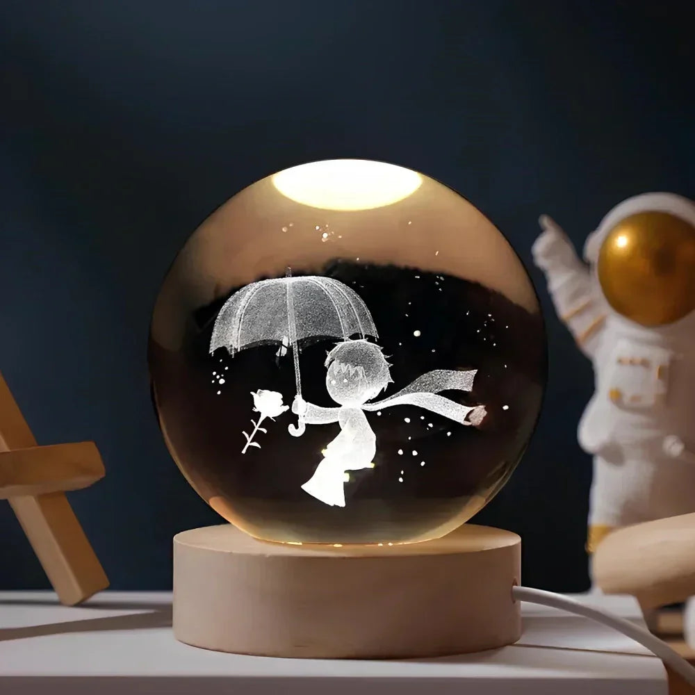 Lampa stołowa i nocna z grawerowaną kryształową kulą w kształcie planety