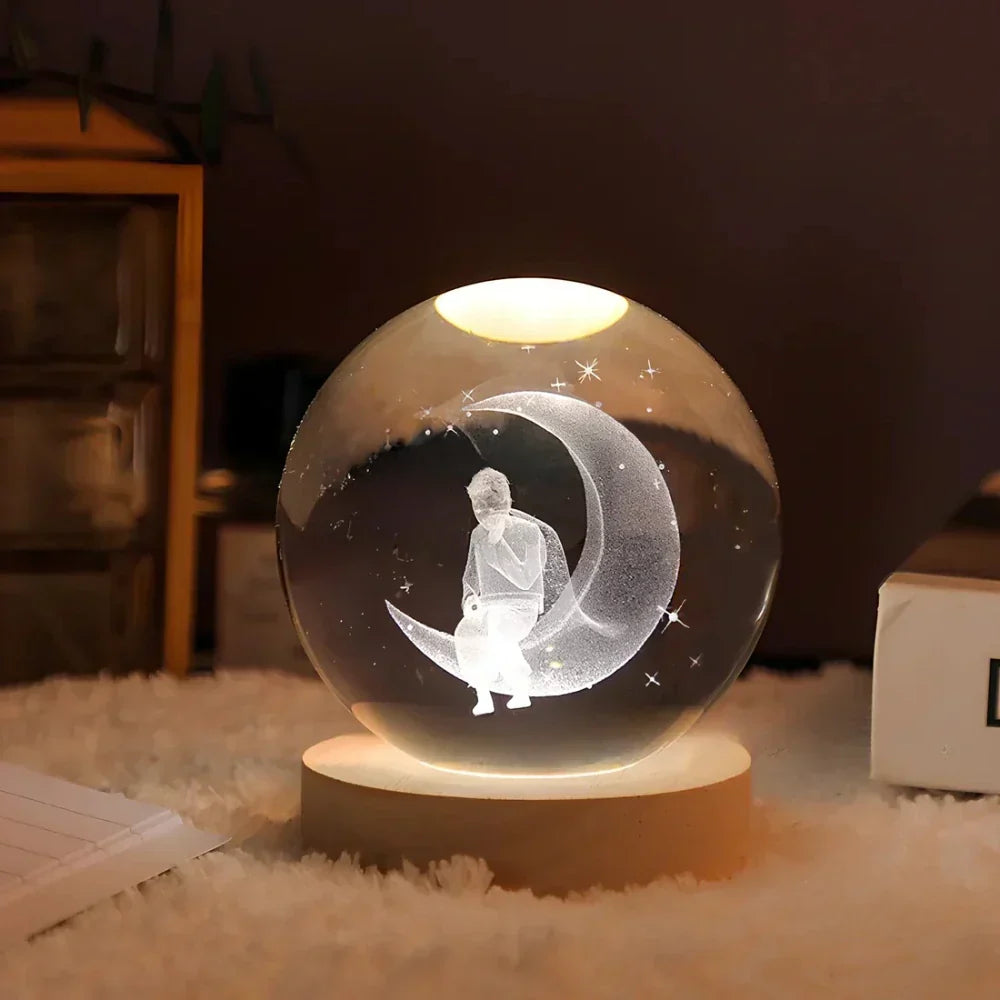 Lampa stołowa i nocna z grawerowaną kryształową kulą w kształcie planety