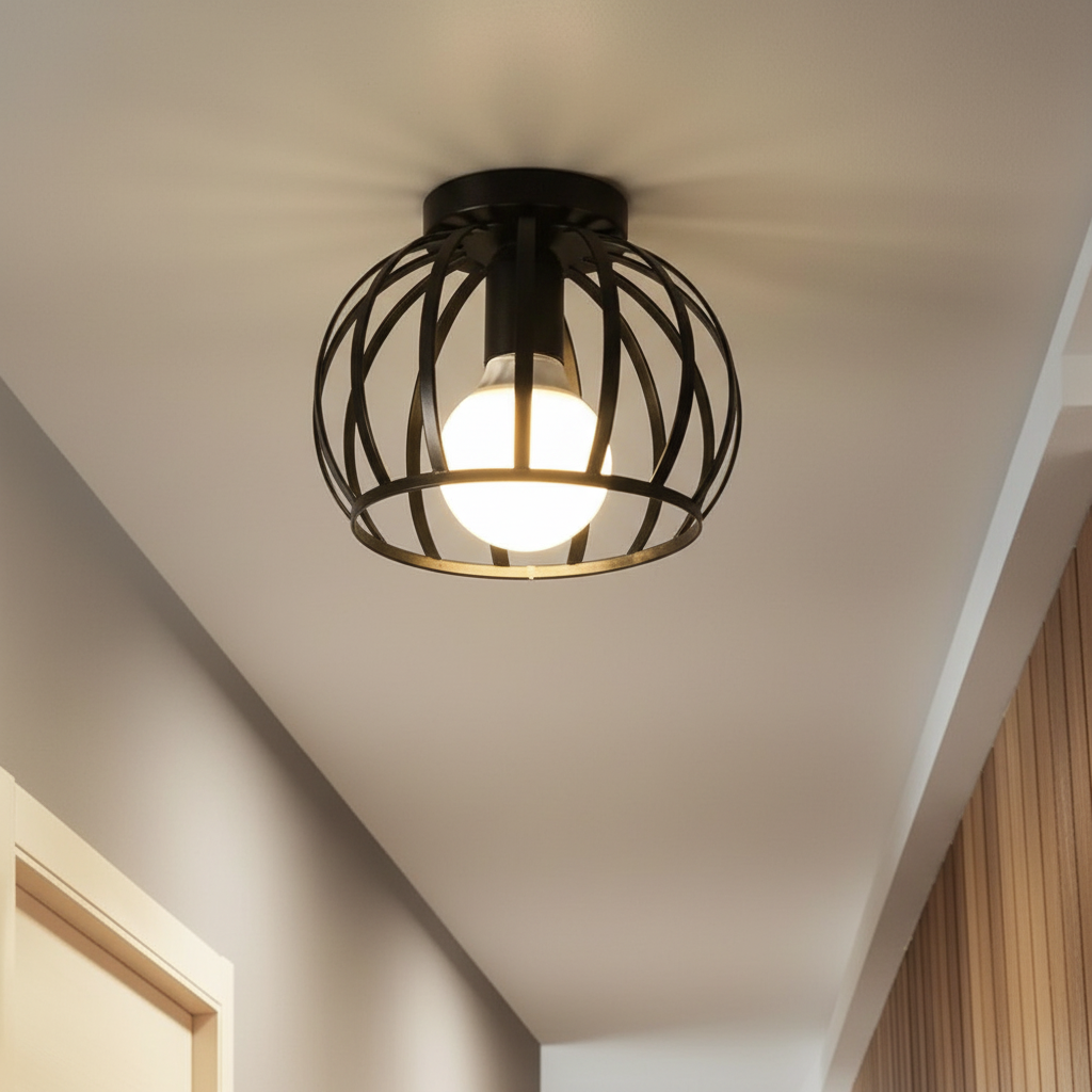 Industrialna kulista lampa wisząca z otwartą metalową klatką