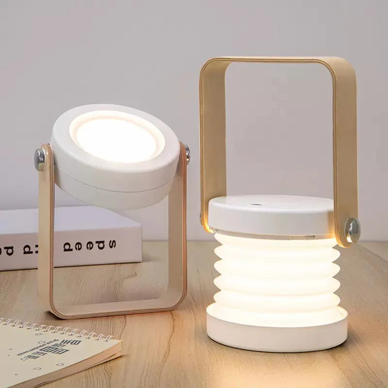 Składana skandynawska minimalistyczna przenośna lampa stołowa z drewnianym uchwytem, ładowana