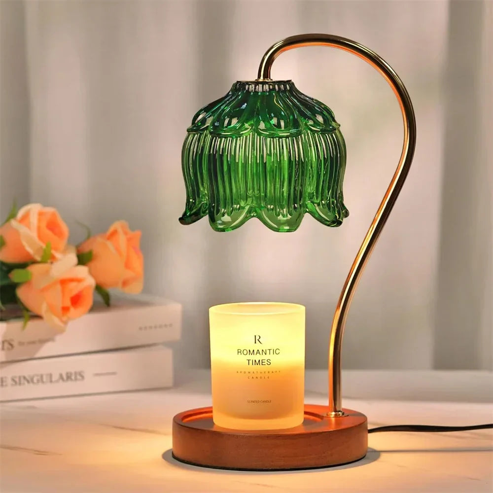 Retro lampa stołowa z kwiatowym szklanym kloszem i drewnianą podstawą, podgrzewacz do świec