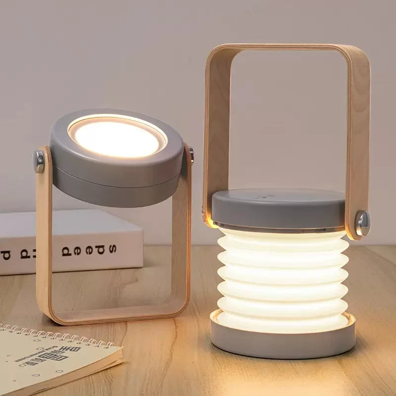Składana skandynawska minimalistyczna przenośna lampa stołowa z drewnianym uchwytem, ładowana