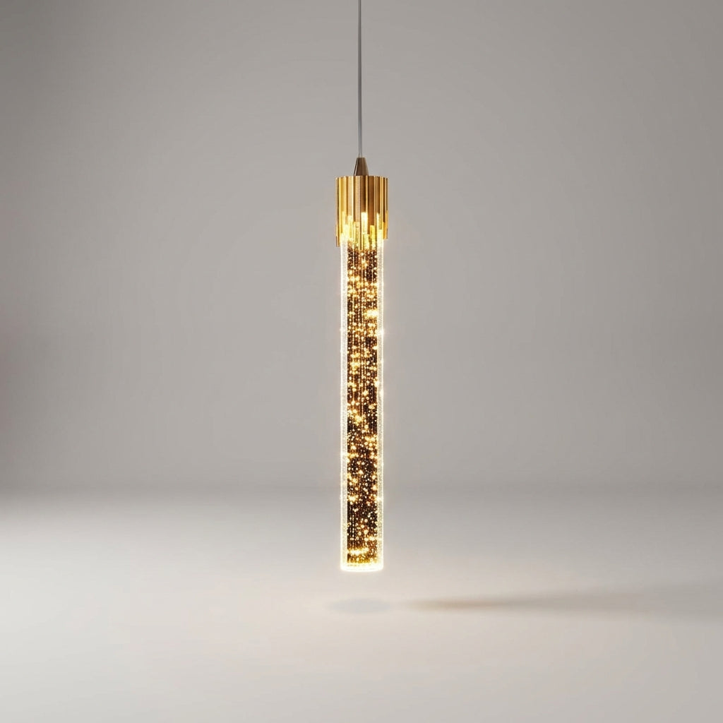 Smukła lampa wisząca z cylindrycznym szklanym kloszem, regulowanym przewodem