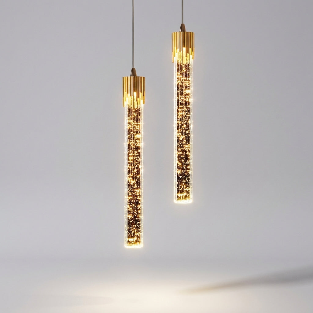 Smukła lampa wisząca z cylindrycznym szklanym kloszem, regulowanym przewodem