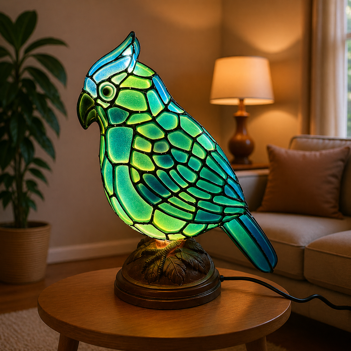 Lampa stołowa z artystycznego szkła z rzeźbą kardynała