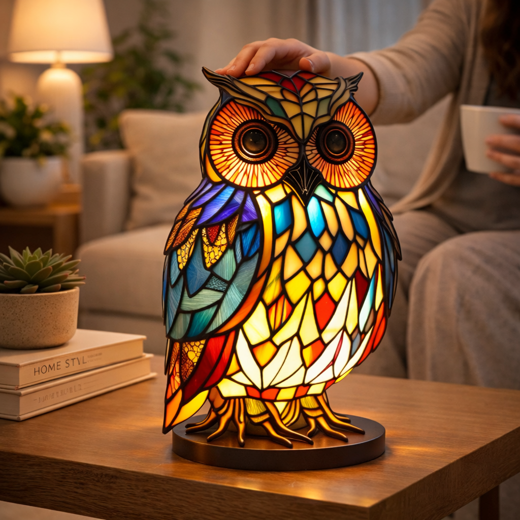 Akcentowa lampa stołowa z figurką zwierzęcia w stylu witrażowym