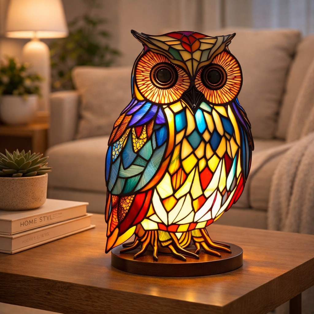 Akcentowa lampa stołowa z figurką zwierzęcia w stylu witrażowym