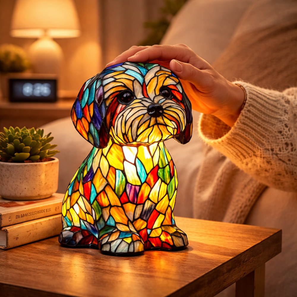 Lampka nocna stołowa z figurką psa w stylu witrażowym