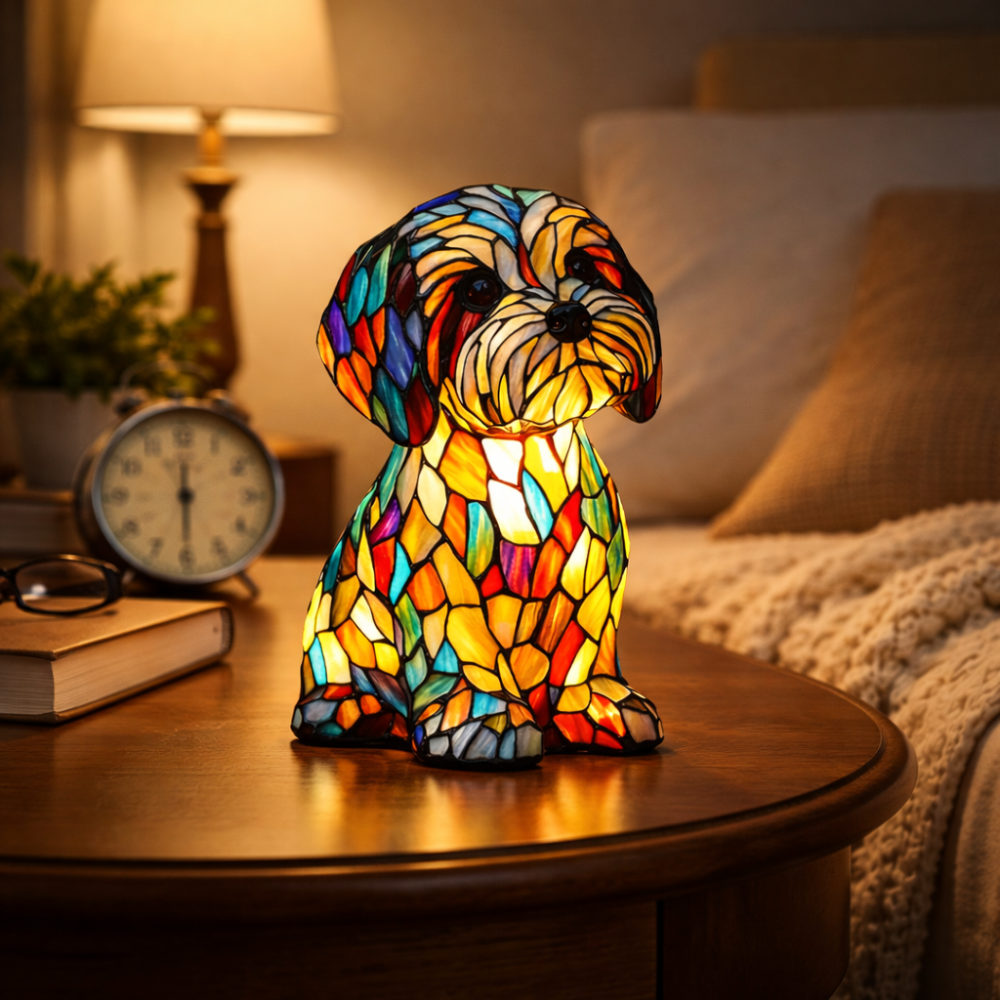 Lampa stołowa i nocna z figurką psa z żywicy w stylu witrażu