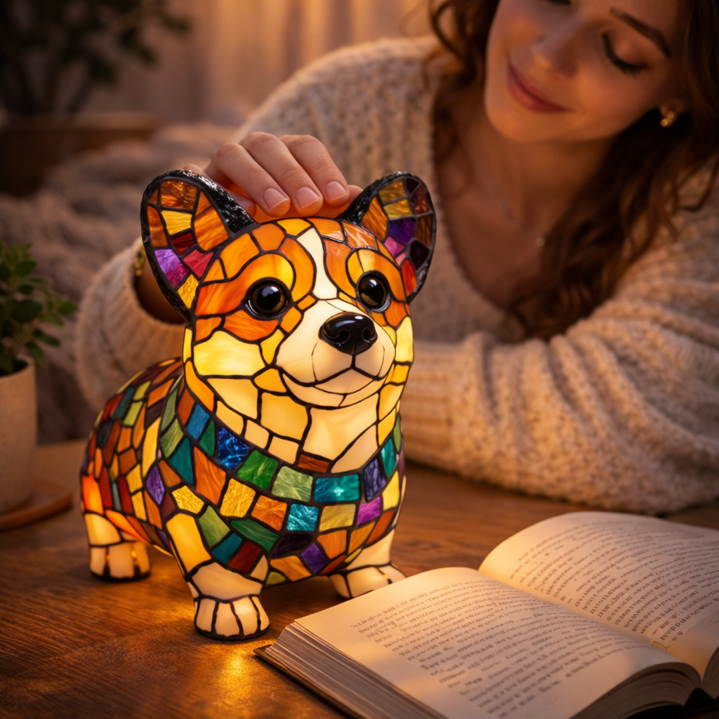 Lampa stołowa i nocna z figurką psa z żywicy w stylu witrażu