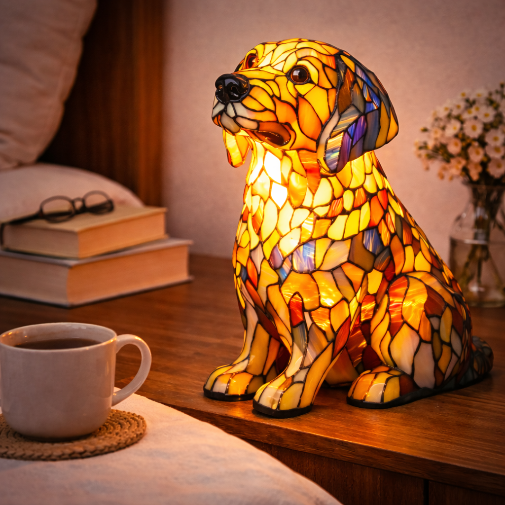 Lampa stołowa z mozaikowym wzorem psa w stylu witrażu