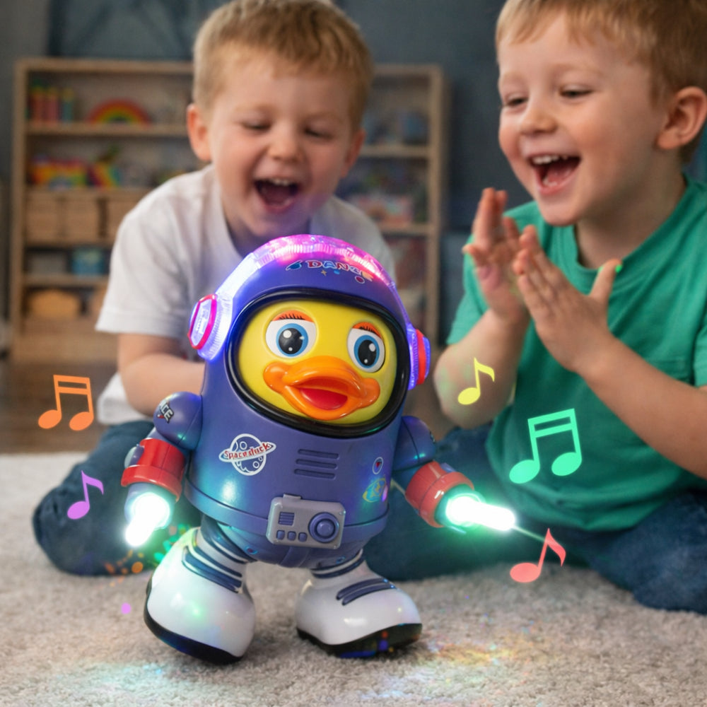Interaktywna muzyczna figurka tańczącej kaczki-astronauty w motywie kosmicznym