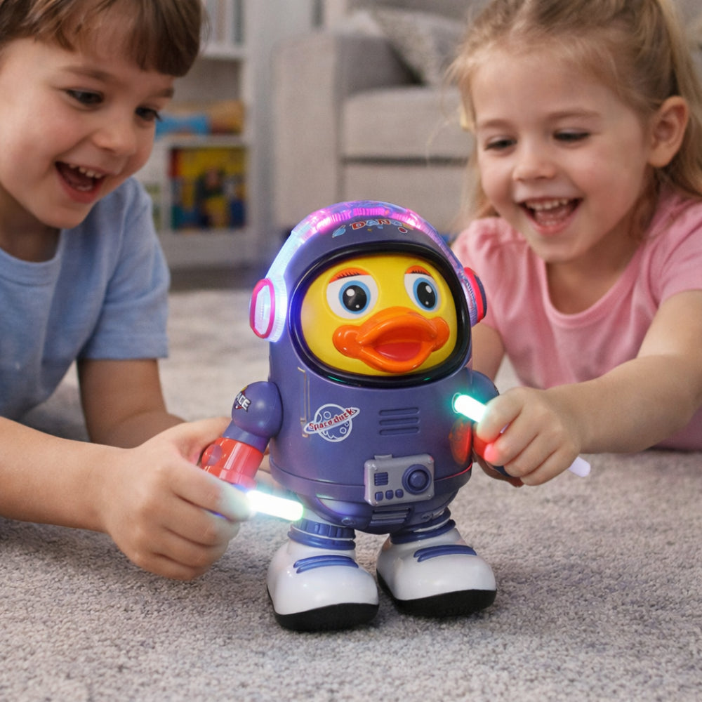 Interaktywna muzyczna figurka tańczącej kaczki-astronauty w motywie kosmicznym