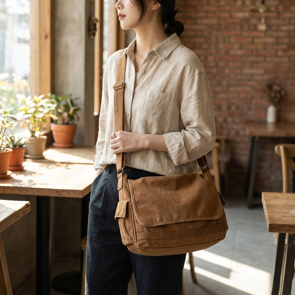 Vintage'owa torba typu crossbody na ramię ze wzmocnionego płótna bawełnianego z regulowanym paskiem