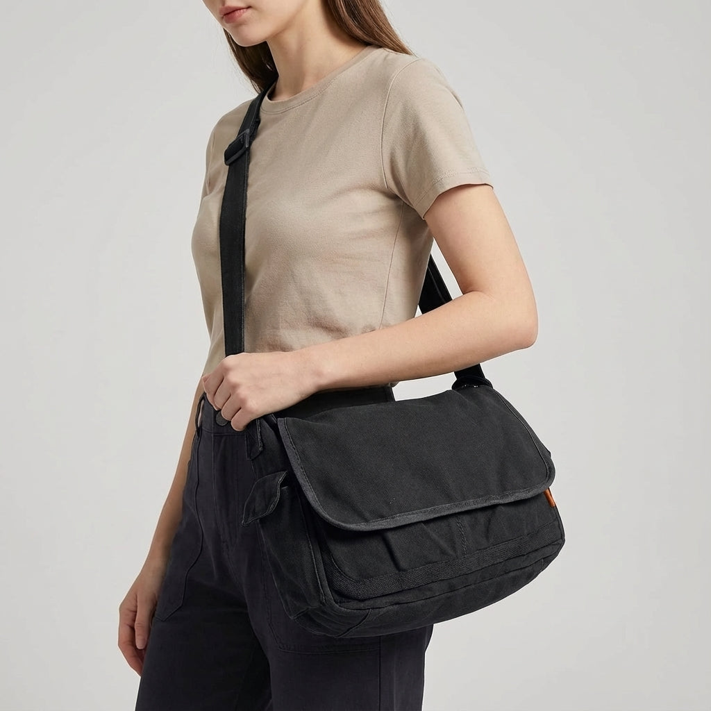 Vintage'owa torba typu crossbody na ramię ze wzmocnionego płótna bawełnianego z regulowanym paskiem
