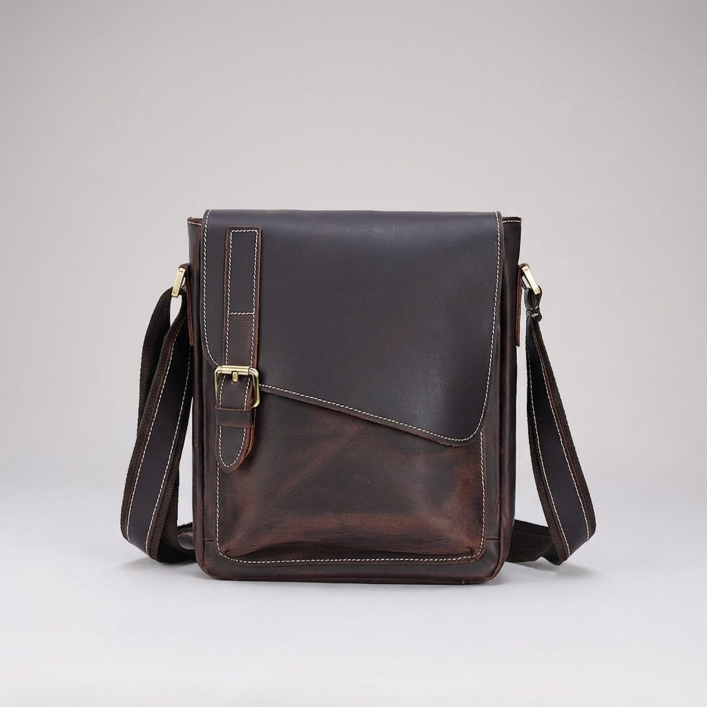 Damska torba typu crossbody na ramię z zabytkowej skóry bydlęcej licowej, z klapą i zabezpieczeniem przed kradzieżą