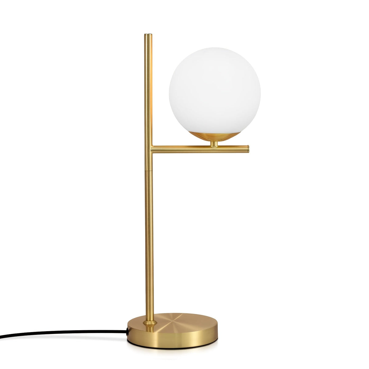 Industrialna elegancka lampa stołowa z mosiężną ramą i kulistym kloszem z matowego szkła