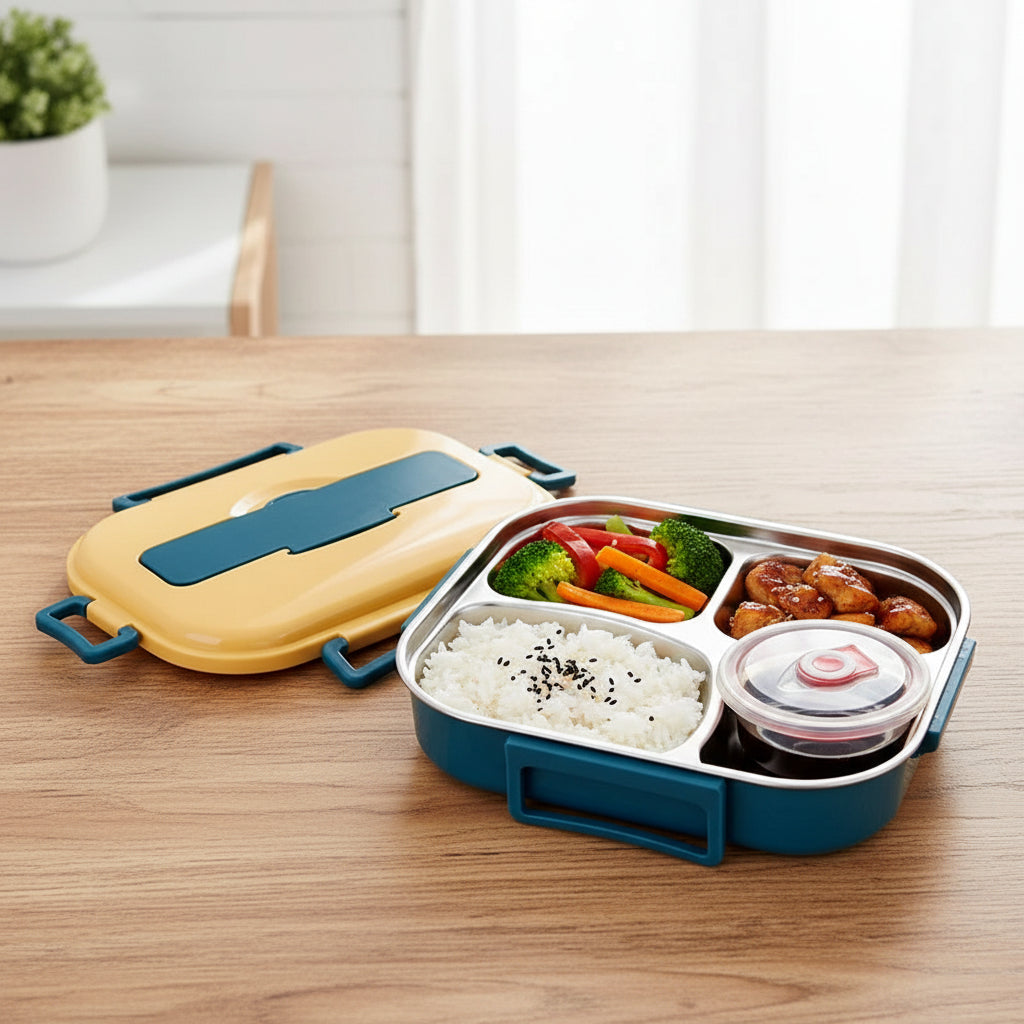 Izolowane pudełko bento na lunch z przegródkami do przechowywania żywności