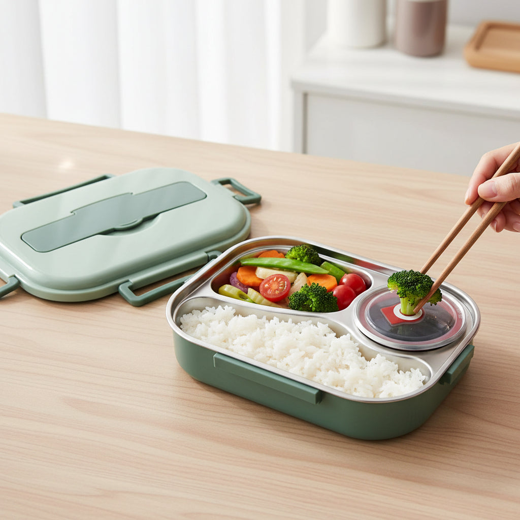 Izolowane pudełko bento na lunch z przegródkami do przechowywania żywności