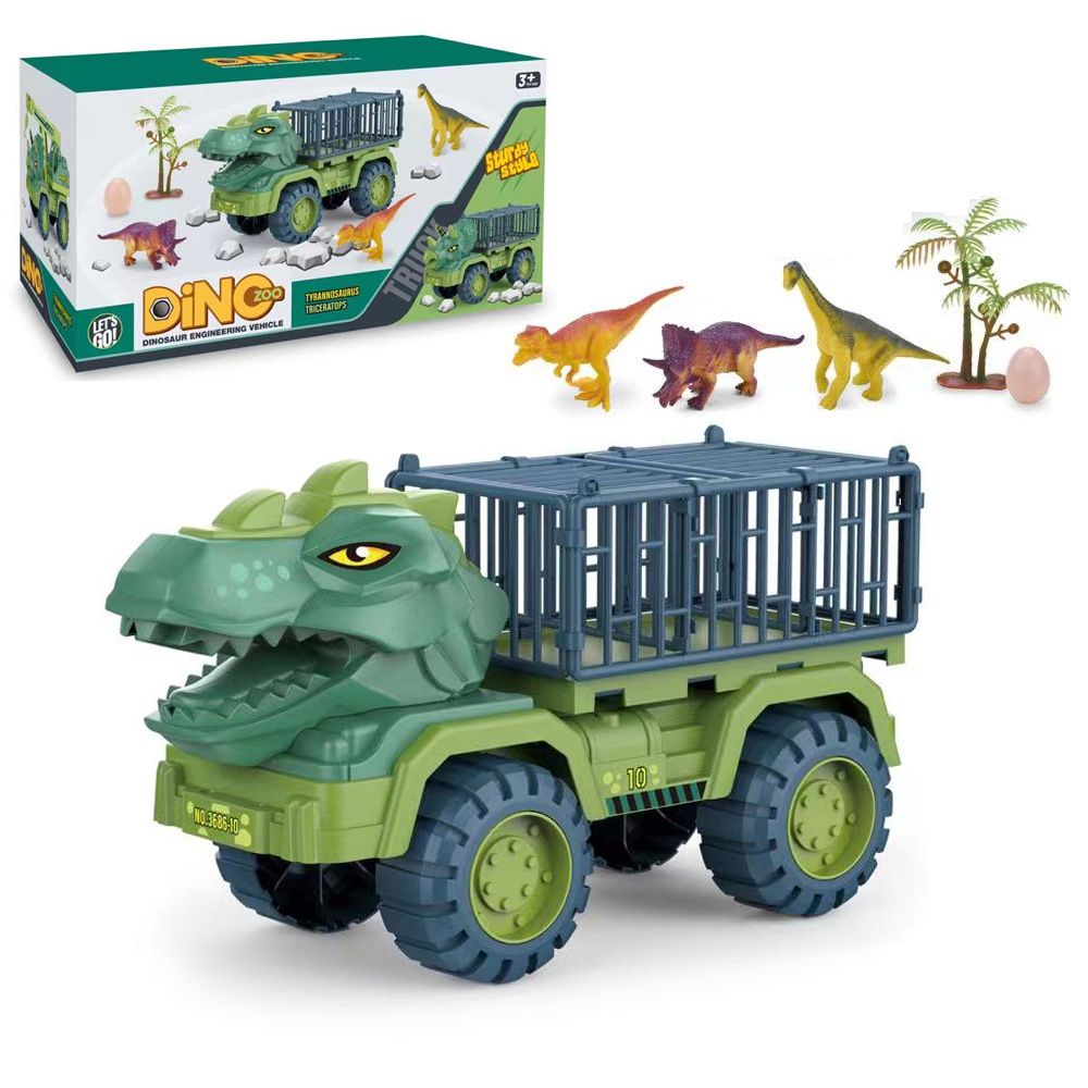Zestaw zabawkowy z figurką dinozaura i ciężarówką do transportu w prehistorycznej klatce
