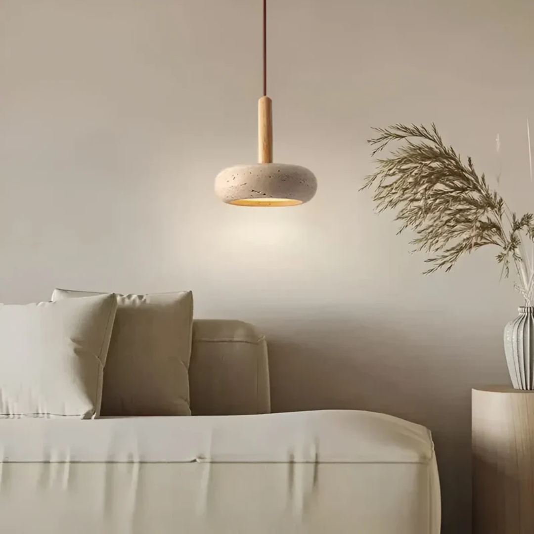 Regulowana lampa wisząca z drewna i kamienia, z kosmiczną aureolą, inspirowana stylem japońskim