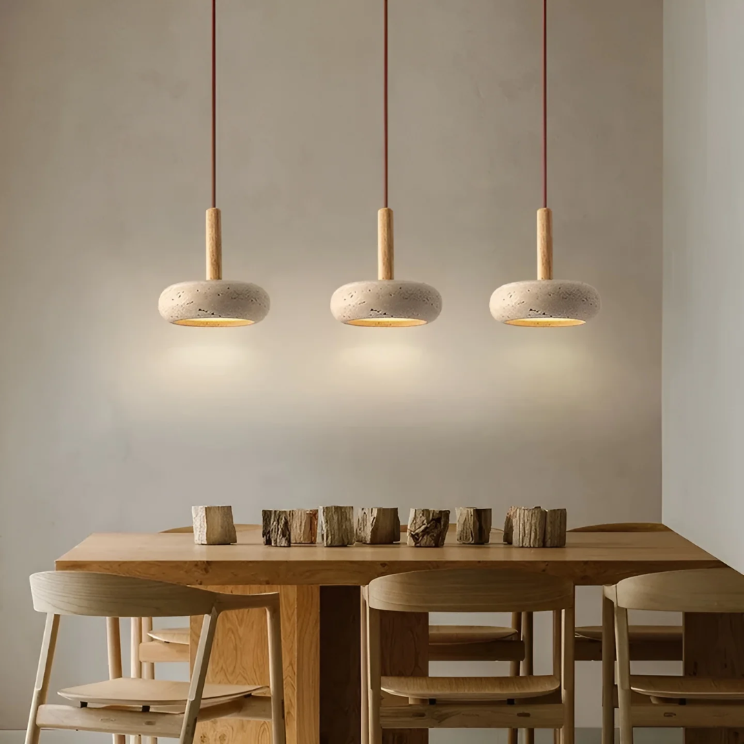 Regulowana lampa wisząca z drewna i kamienia, z kosmiczną aureolą, inspirowana stylem japońskim
