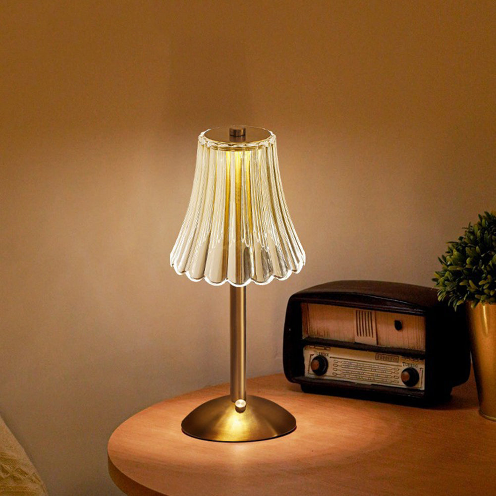 Retro ładowalna lampa stołowa z kryształowym kloszem, szczotkowanym aluminium i sterowaniem dotykowym