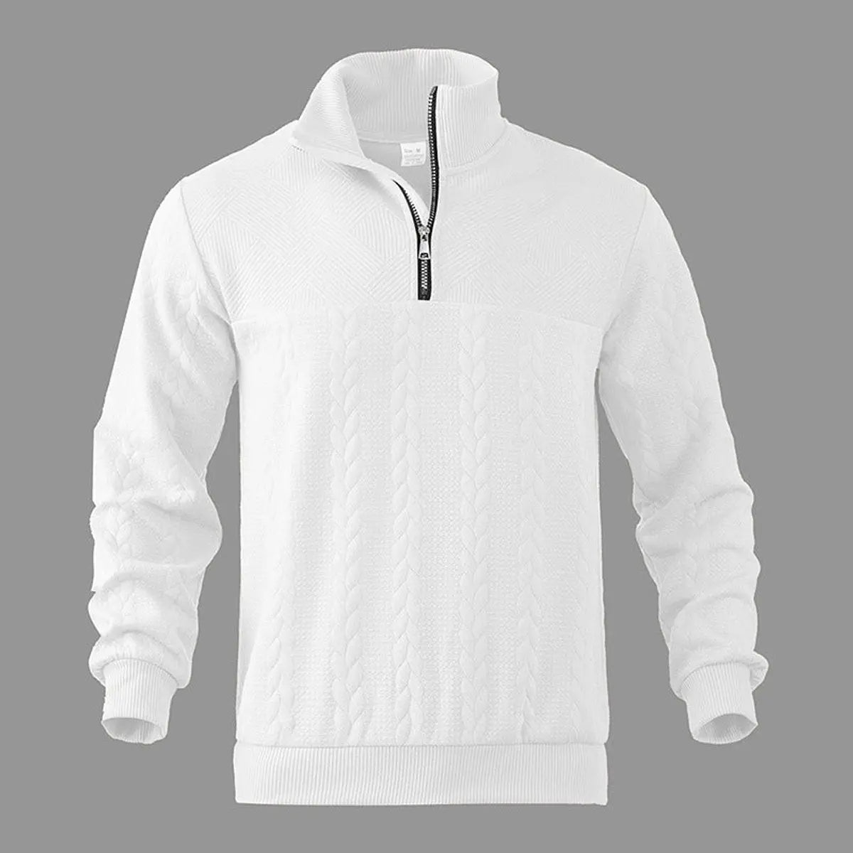 Męski dzianinowy sweter o splocie warkoczowym, zapinany do połowy na zamek