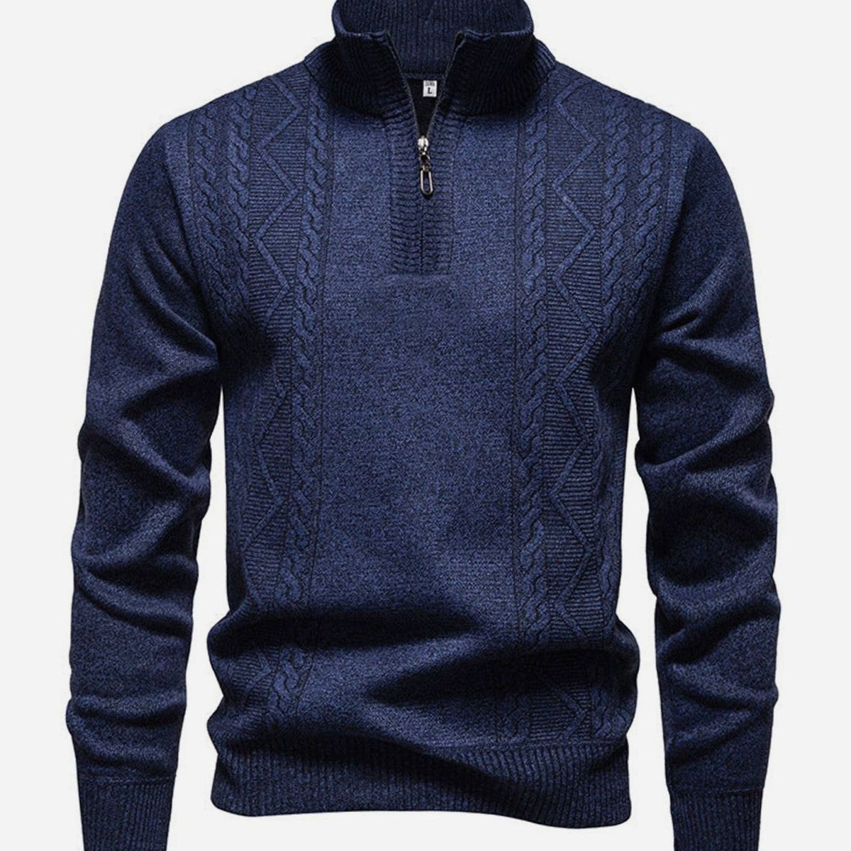 Męski sweter dzianinowy o splocie warkoczowym, zapięcie do połowy na zamek, stójka