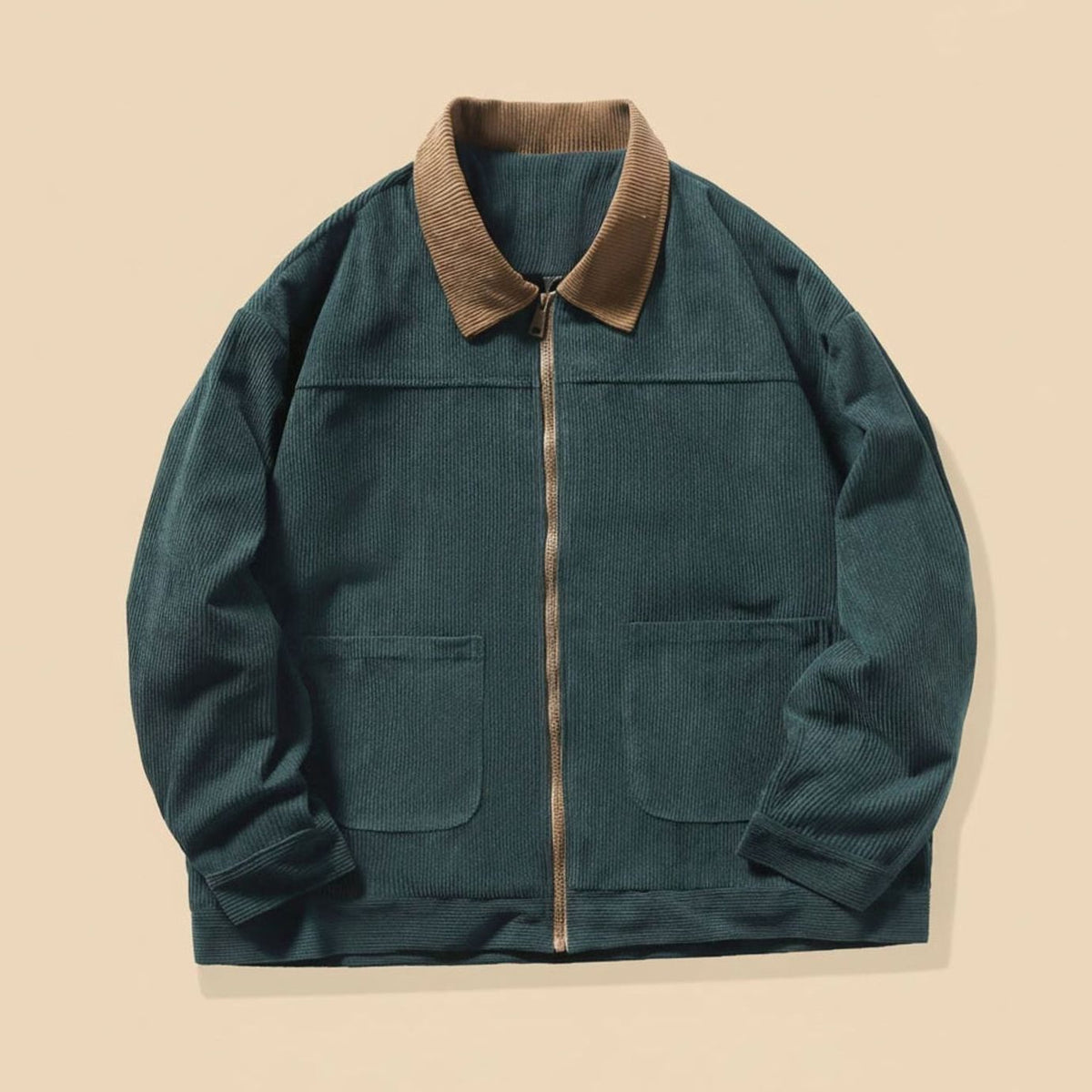 Męska sztruksowa kurtka Harrington zapinana na zamek, z kontrastowym kołnierzem