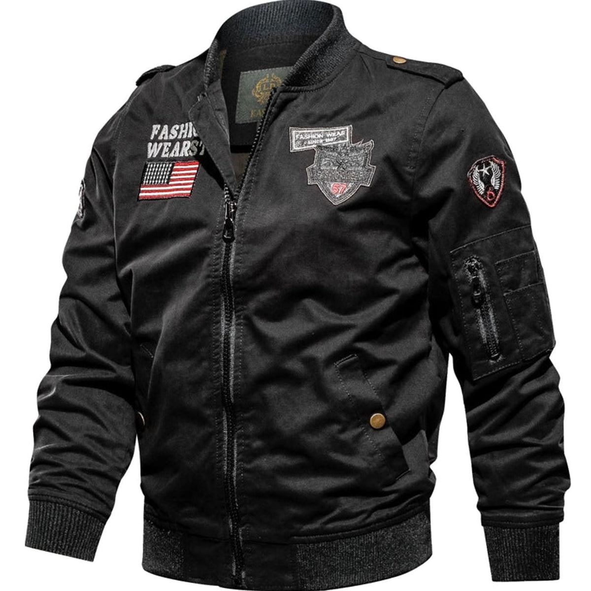 Męska kurtka bomberka z naszywkami militarnymi, zapinana na zamek