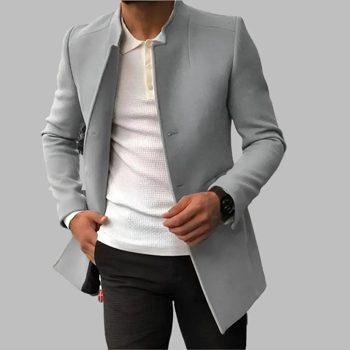 Męski dopasowany płaszcz z wełną, bez kołnierza, elegancki fason