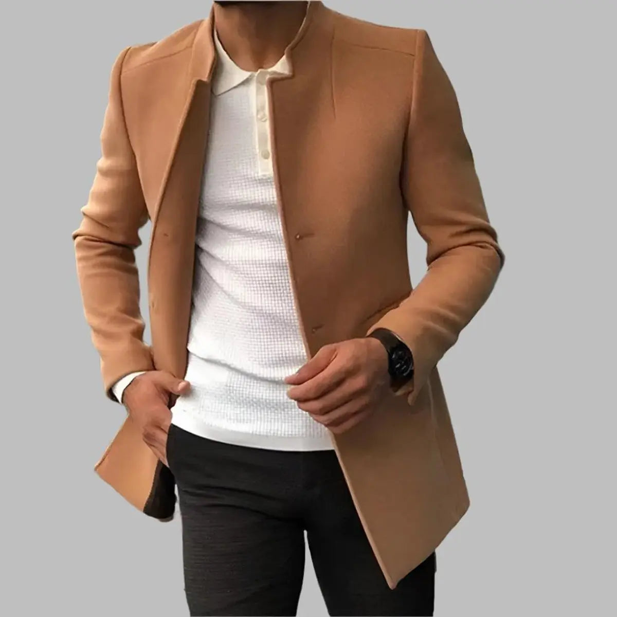 Męski dopasowany płaszcz z wełną, bez kołnierza, elegancki fason